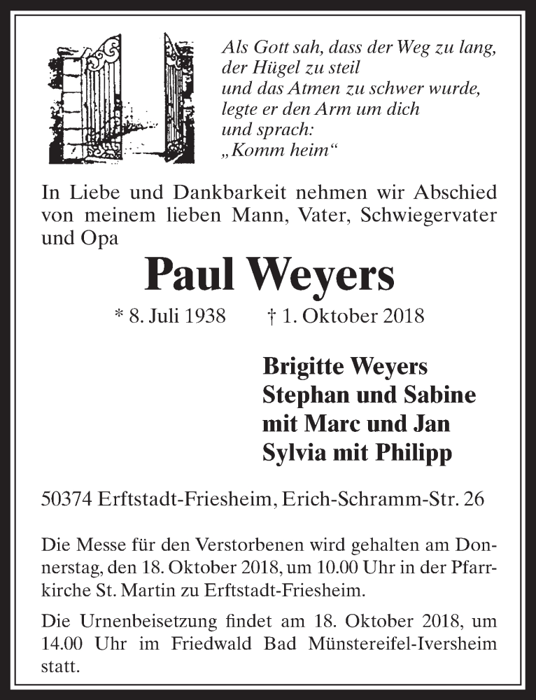  Traueranzeige für Paul Weyers vom 17.10.2018 aus  Werbepost 