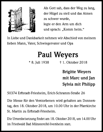 Anzeige von Paul Weyers von Kölner Stadt-Anzeiger / Kölnische Rundschau / Express