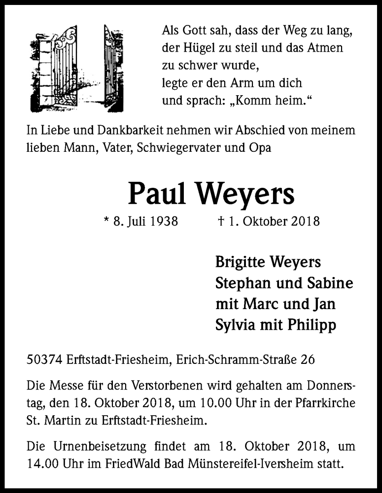  Traueranzeige für Paul Weyers vom 13.10.2018 aus Kölner Stadt-Anzeiger / Kölnische Rundschau / Express