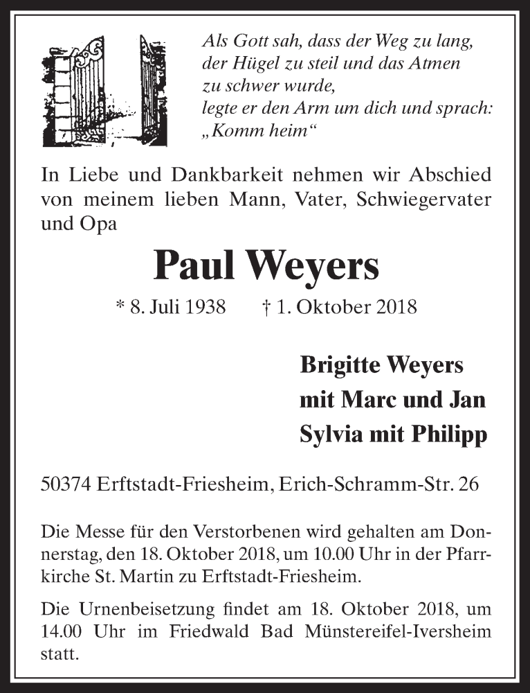  Traueranzeige für Paul Weyers vom 10.10.2018 aus  Werbepost 