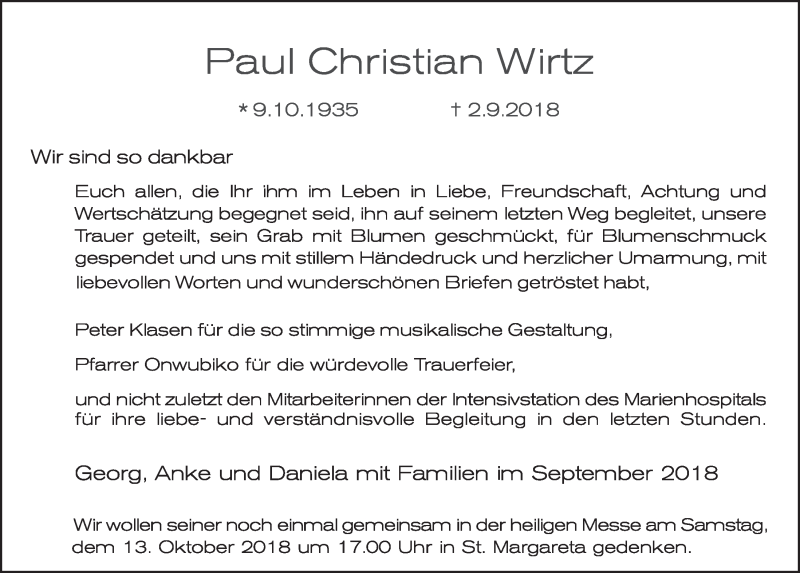  Traueranzeige für Paul Christian Wirtz vom 03.10.2018 aus  Schlossbote/Werbekurier 