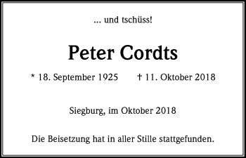Anzeige von Peter Cordts von Kölner Stadt-Anzeiger / Kölnische Rundschau / Express
