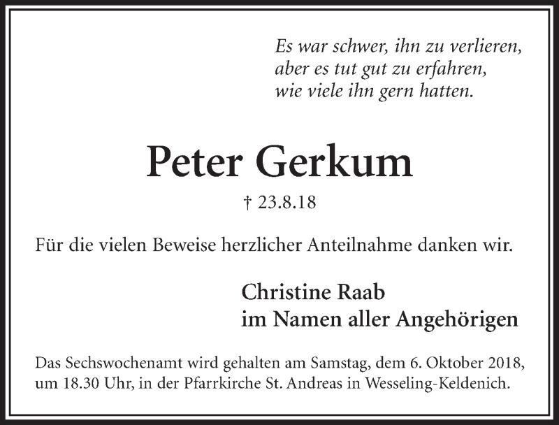 Traueranzeige für Peter Gerkum vom 03.10.2018 aus  Schlossbote/Werbekurier 