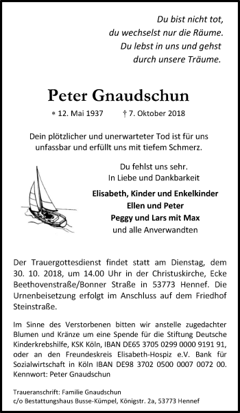 Anzeige von Peter Gnaudschun von Kölner Stadt-Anzeiger / Kölnische Rundschau / Express