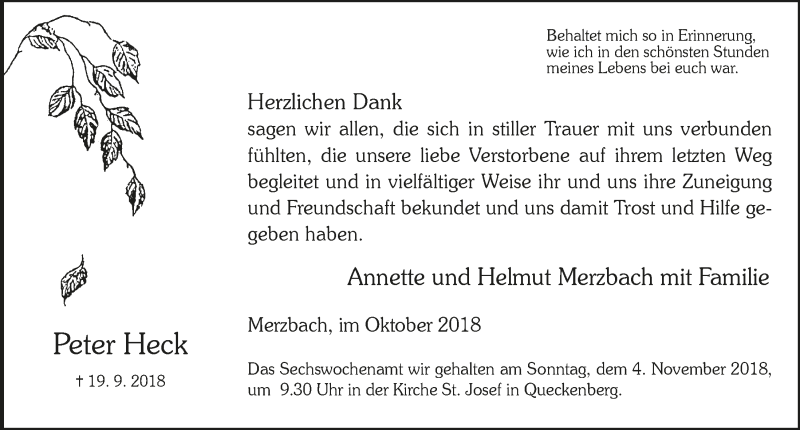  Traueranzeige für Peter Heck vom 24.10.2018 aus  Schaufenster/Blickpunkt 