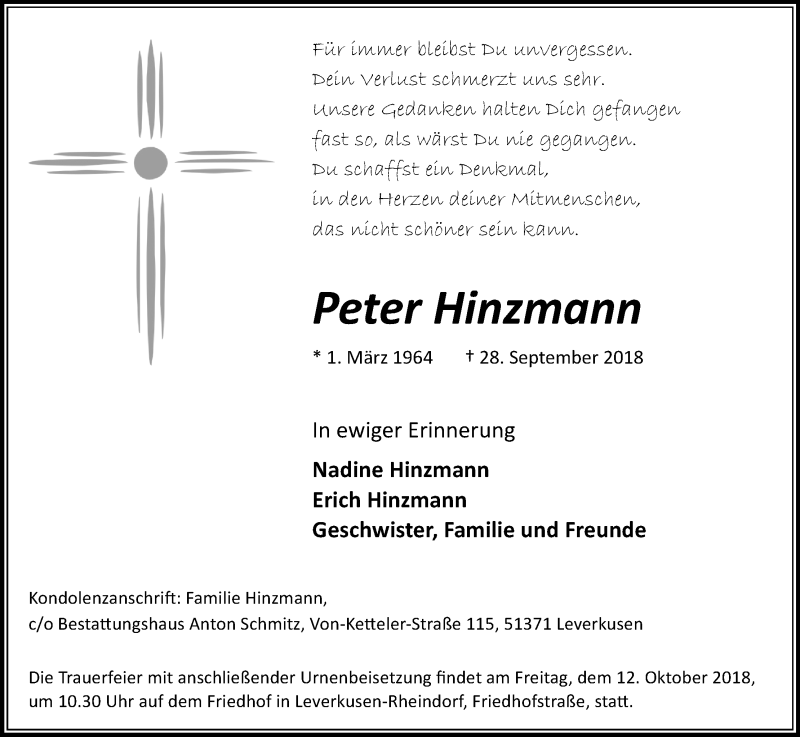  Traueranzeige für Peter Hinzmann vom 06.10.2018 aus Kölner Stadt-Anzeiger / Kölnische Rundschau / Express