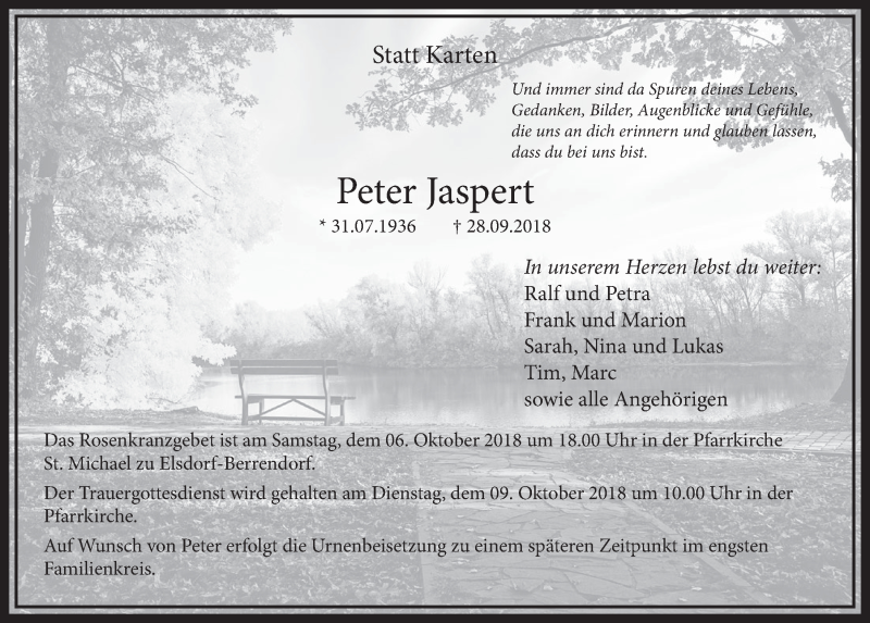 Traueranzeige für Peter Jaspert vom 06.10.2018 aus  Sonntags-Post 
