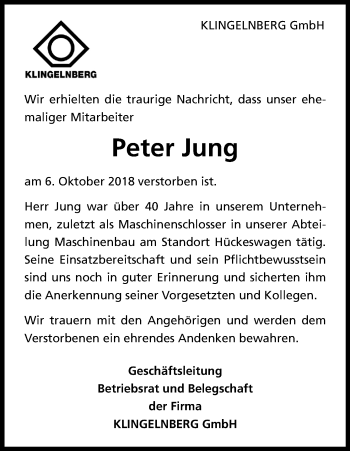 Anzeige von Peter Jung von Kölner Stadt-Anzeiger / Kölnische Rundschau / Express