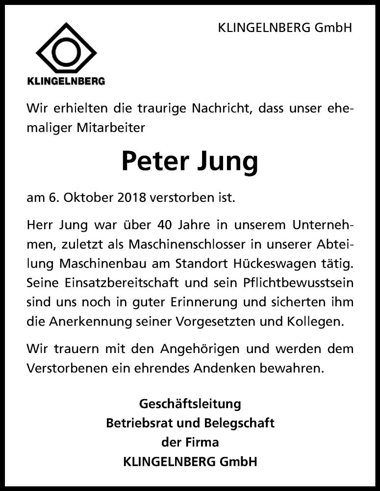  Traueranzeige für Peter Jung vom 24.10.2018 aus Kölner Stadt-Anzeiger / Kölnische Rundschau / Express