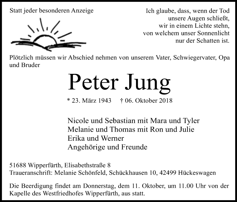  Traueranzeige für Peter Jung vom 09.10.2018 aus Kölner Stadt-Anzeiger / Kölnische Rundschau / Express