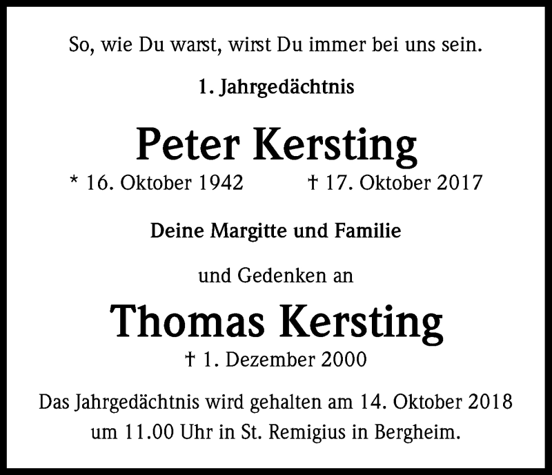  Traueranzeige für Peter Kersting vom 06.10.2018 aus Kölner Stadt-Anzeiger / Kölnische Rundschau / Express
