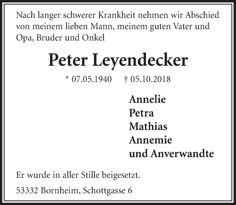  Traueranzeige für Peter Leyendecker vom 17.10.2018 aus  Schlossbote/Werbekurier 