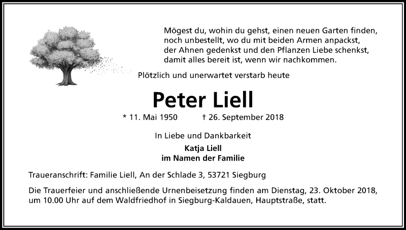  Traueranzeige für Peter Liell vom 13.10.2018 aus Kölner Stadt-Anzeiger / Kölnische Rundschau / Express