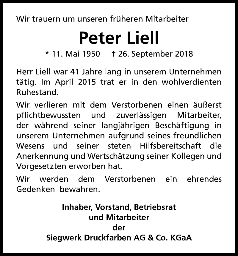 Traueranzeige für Peter Liell vom 20.10.2018 aus Kölner Stadt-Anzeiger / Kölnische Rundschau / Express