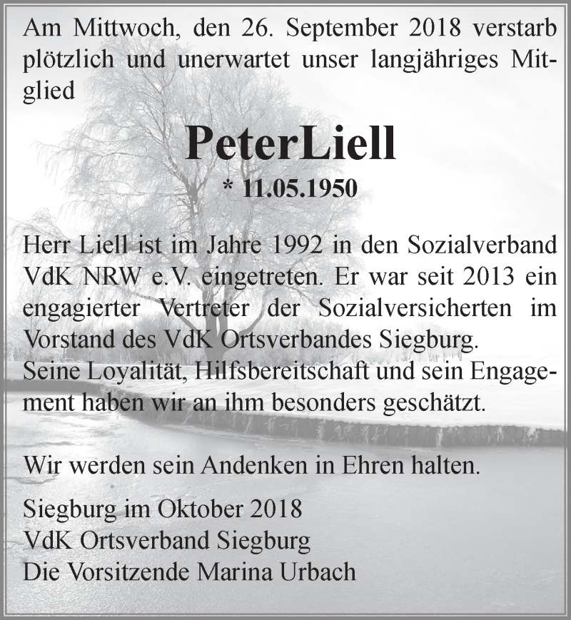  Traueranzeige für Peter Liell vom 13.10.2018 aus  Rhein-Sieg-Wochenende 