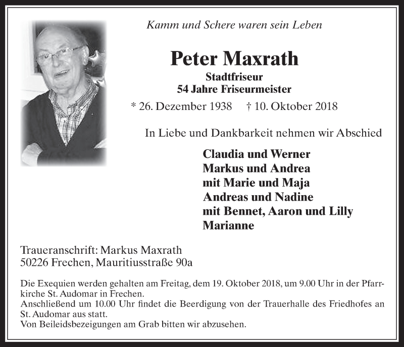  Traueranzeige für Peter Maxrath vom 17.10.2018 aus  Wochenende 