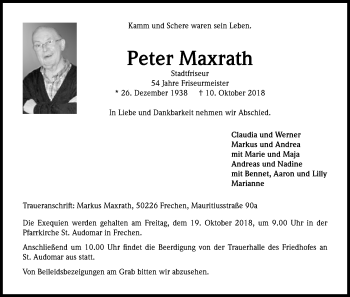 Anzeige von Peter Maxrath von Kölner Stadt-Anzeiger / Kölnische Rundschau / Express