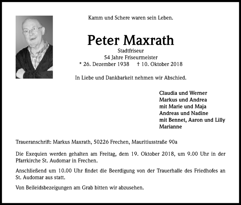  Traueranzeige für Peter Maxrath vom 13.10.2018 aus Kölner Stadt-Anzeiger / Kölnische Rundschau / Express