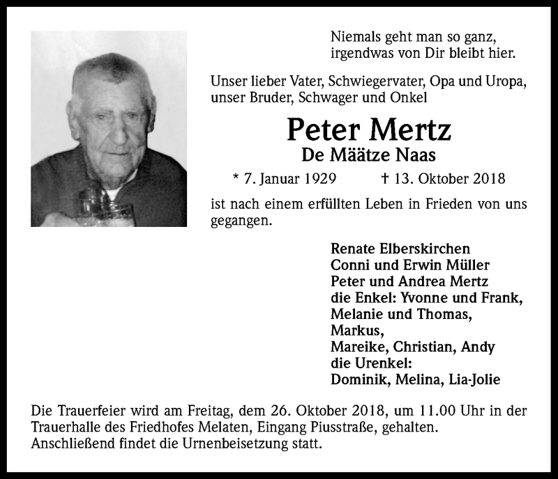  Traueranzeige für Peter Mertz vom 20.10.2018 aus Kölner Stadt-Anzeiger / Kölnische Rundschau / Express