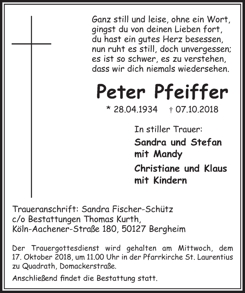  Traueranzeige für Peter Pfeiffer vom 13.10.2018 aus  Sonntags-Post 