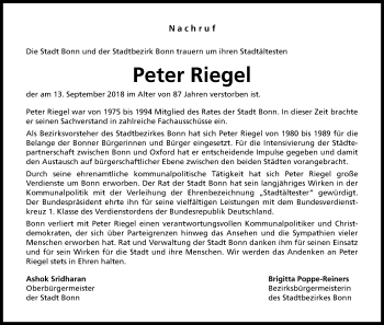 Anzeige von Peter Riegel von Kölner Stadt-Anzeiger / Kölnische Rundschau / Express