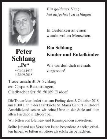 Anzeige von Peter Schlang von  Werbepost 