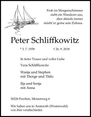 Anzeige von Peter Schliffkowitz von Kölner Stadt-Anzeiger / Kölnische Rundschau / Express