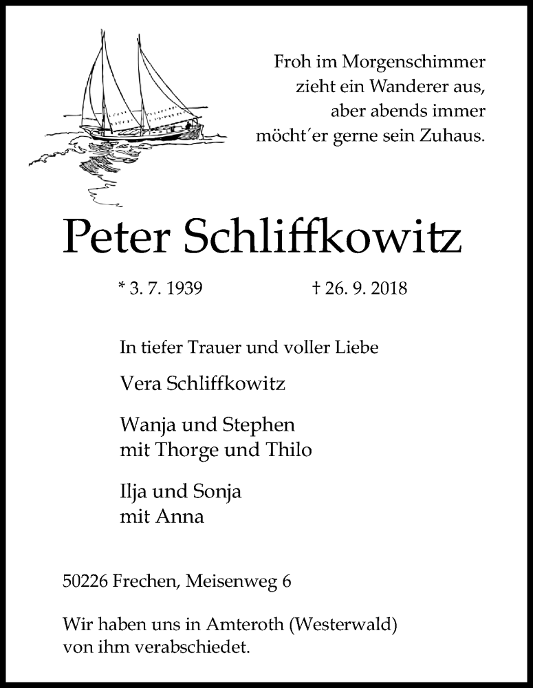  Traueranzeige für Peter Schliffkowitz vom 10.10.2018 aus Kölner Stadt-Anzeiger / Kölnische Rundschau / Express