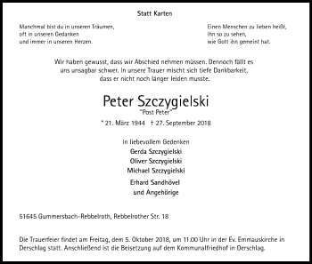 Anzeige von Peter Szczygielski von Kölner Stadt-Anzeiger / Kölnische Rundschau / Express