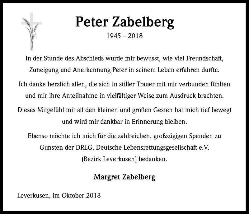  Traueranzeige für Peter Zabelberg vom 19.10.2018 aus Kölner Stadt-Anzeiger / Kölnische Rundschau / Express
