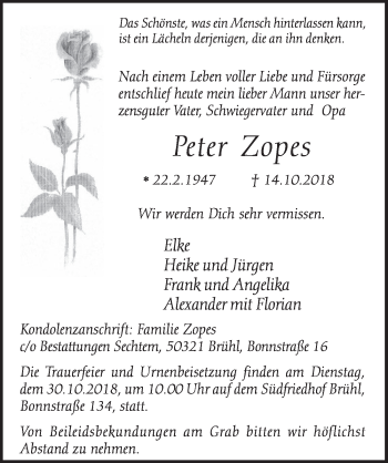 Anzeige von Peter Zopes von  Schlossbote/Werbekurier 