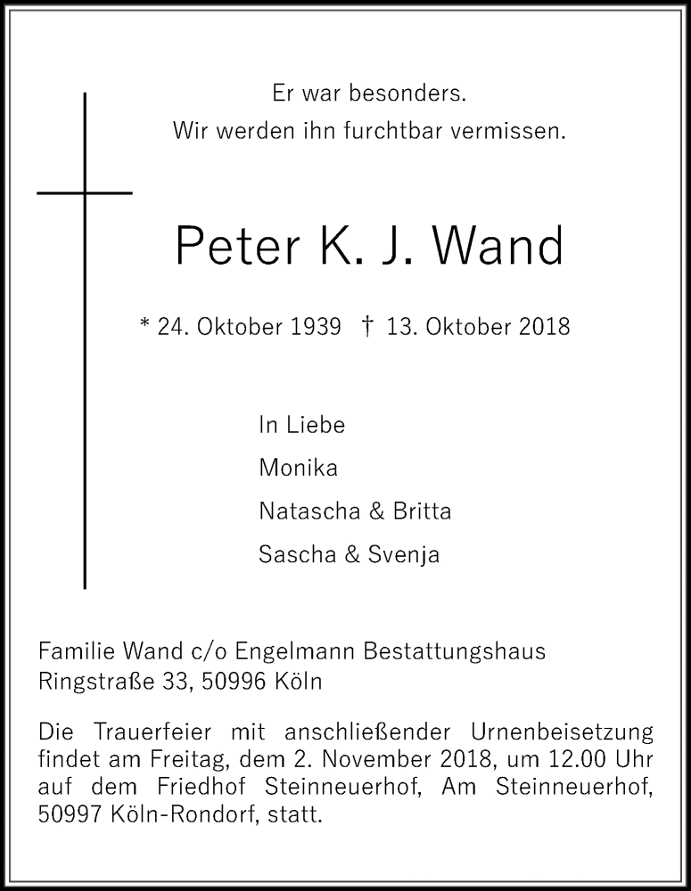  Traueranzeige für Peter K. J. Wand vom 27.10.2018 aus Kölner Stadt-Anzeiger / Kölnische Rundschau / Express
