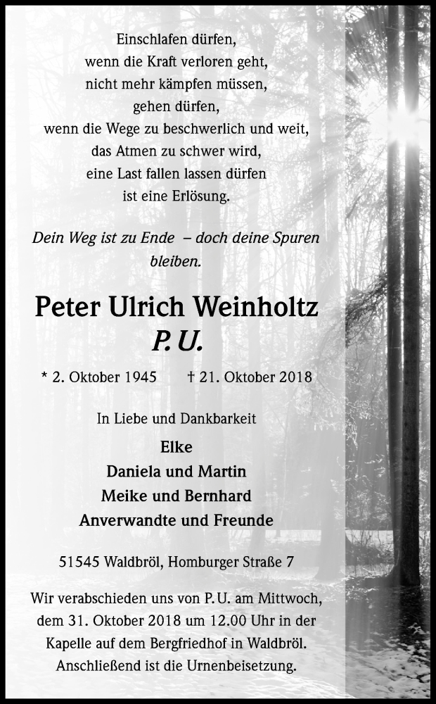  Traueranzeige für Peter Ulrich Weinholtz vom 27.10.2018 aus Kölner Stadt-Anzeiger / Kölnische Rundschau / Express