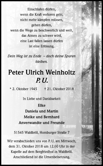 Anzeige von Peter Ulrich Weinholtz von Kölner Stadt-Anzeiger / Kölnische Rundschau / Express