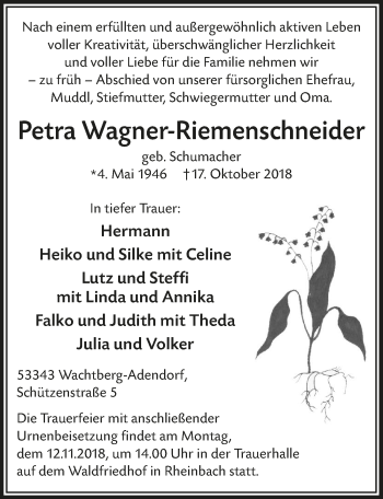 Anzeige von Petra Wagner-Riemenschneider von  Schaufenster/Blickpunkt 