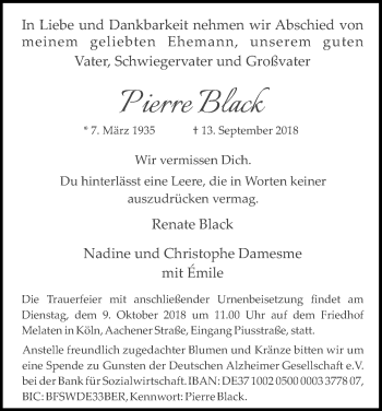 Anzeige von Pierre Black von Kölner Stadt-Anzeiger / Kölnische Rundschau / Express