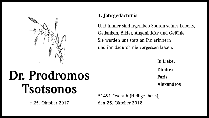  Traueranzeige für Prodromos Tsotsonos vom 20.10.2018 aus Kölner Stadt-Anzeiger / Kölnische Rundschau / Express