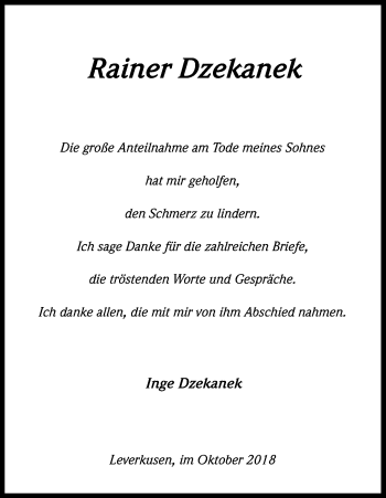 Anzeige von Rainer Dzekanek von Kölner Stadt-Anzeiger / Kölnische Rundschau / Express
