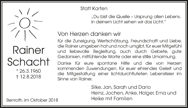  Traueranzeige für Rainer Schacht vom 17.10.2018 aus  Lokalanzeiger 