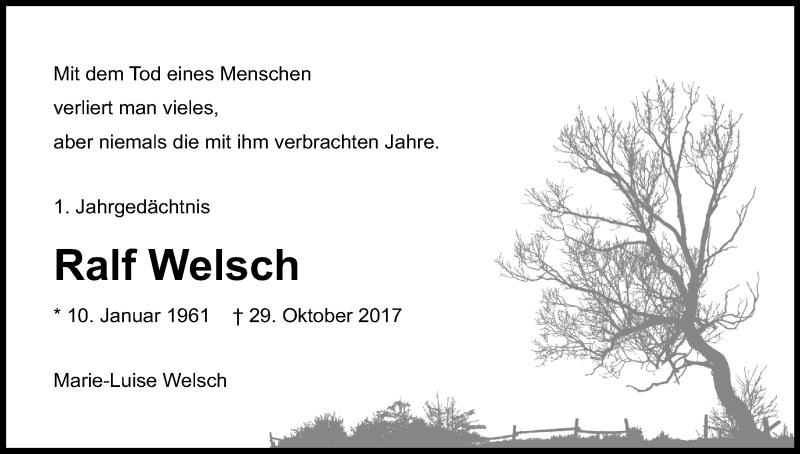  Traueranzeige für Ralf Welsch vom 27.10.2018 aus Kölner Stadt-Anzeiger / Kölnische Rundschau / Express