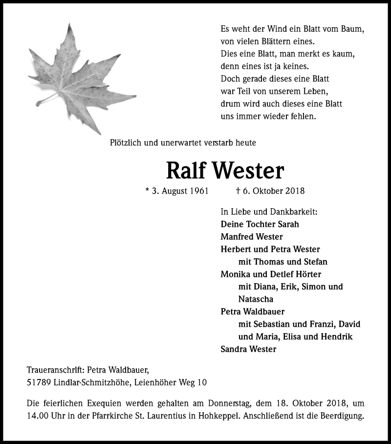 Traueranzeige für Ralf Wester vom 13.10.2018 aus Kölner Stadt-Anzeiger / Kölnische Rundschau / Express