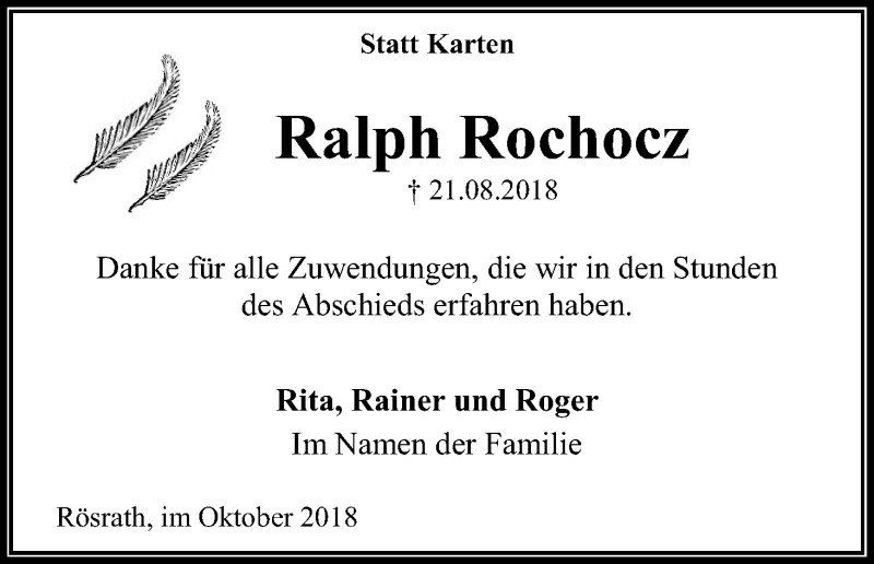  Traueranzeige für Ralph Rochocz vom 20.10.2018 aus Kölner Stadt-Anzeiger / Kölnische Rundschau / Express