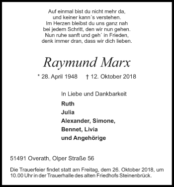 Anzeige von Raymund Marx von Kölner Stadt-Anzeiger / Kölnische Rundschau / Express