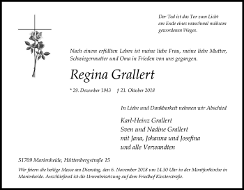 Anzeige von Regina Grallert von Kölner Stadt-Anzeiger / Kölnische Rundschau / Express