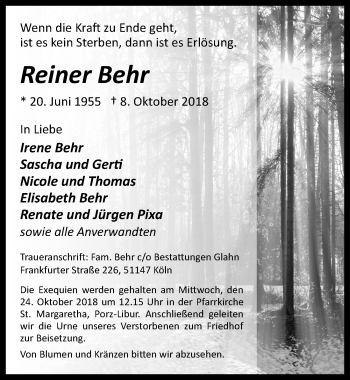 Anzeige von Reiner Behr von  Kölner Wochenspiegel 