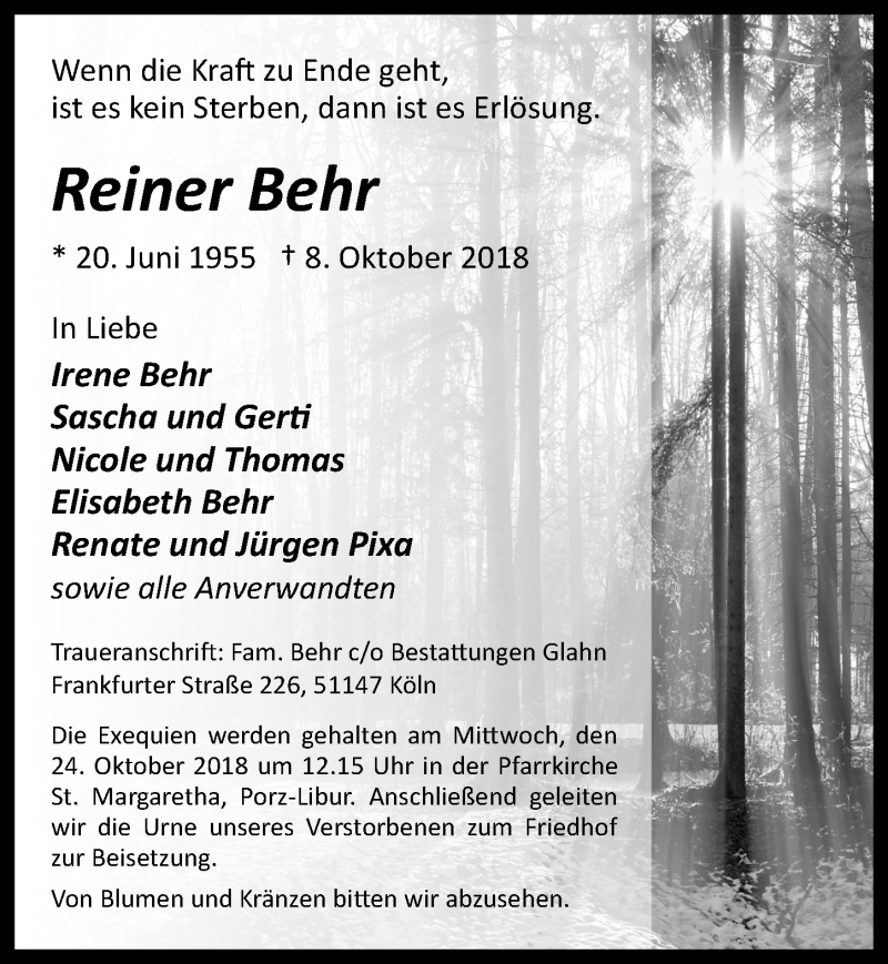  Traueranzeige für Reiner Behr vom 17.10.2018 aus  Kölner Wochenspiegel 