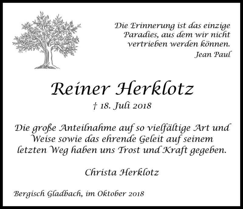  Traueranzeige für Reiner Herklotz vom 06.10.2018 aus Kölner Stadt-Anzeiger / Kölnische Rundschau / Express