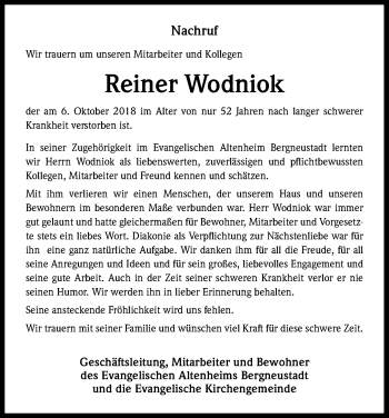 Anzeige von Reiner Wodniok von Kölner Stadt-Anzeiger / Kölnische Rundschau / Express