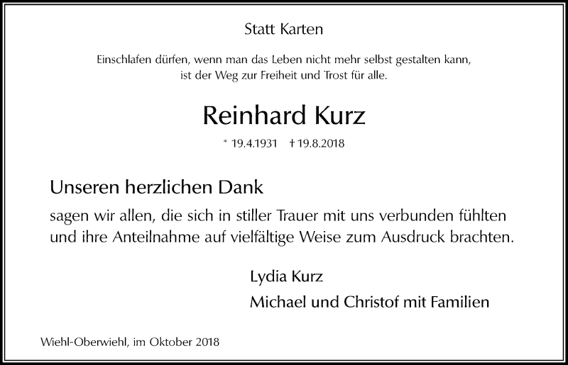  Traueranzeige für Reinhard Kurz vom 31.10.2018 aus  Anzeigen Echo 