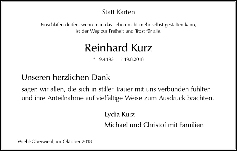  Traueranzeige für Reinhard Kurz vom 27.10.2018 aus Kölner Stadt-Anzeiger / Kölnische Rundschau / Express